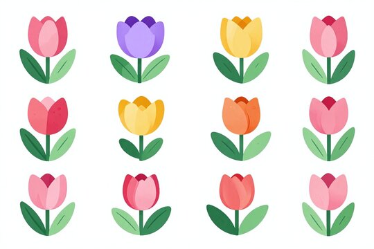 A bunch of different colored tulips on a white background