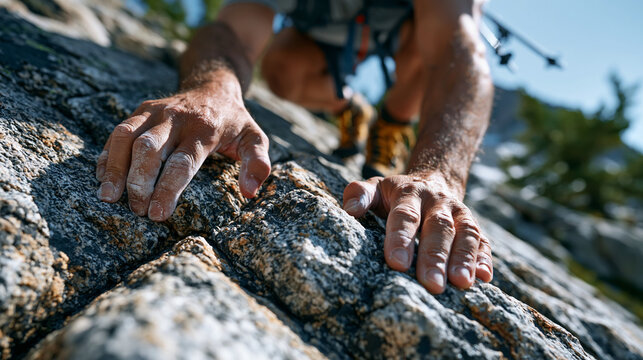 Athletic man with chalked hands scrambling up low-angle slab route above treeline, boots smearing on textured granite, trekking poles stowed on pack, technical terrain confidence captured from below