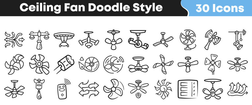 Hand drawn collection of various ceiling fan icons in doodle style