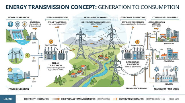 Energy Transmission Concept Diagram from Power Generation to Consumption in Bright Studio