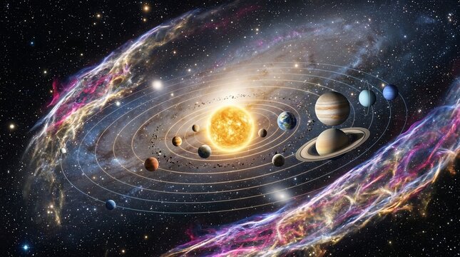 Solar system planets orbiting the sun in deep space