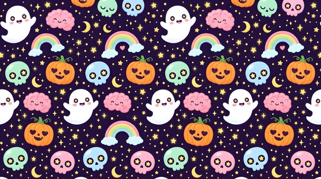 Cute halloween seamless pattern with ghosts, pumpkins, skulls, and rainbows