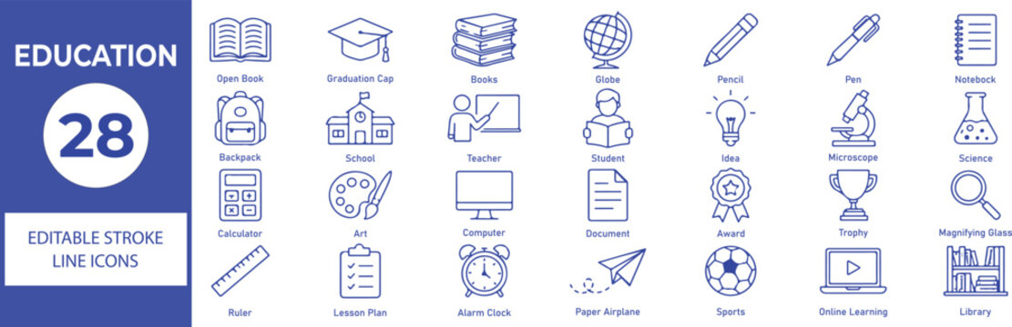 Education Vector Outline Icons Set &ndash; School, Learning, Online Education and Academic Line Symbols Collection, Editable Stroke Icon Bundle