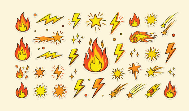 Energy icon set. Containing fire, lightning, stars and comets. Vector illustration