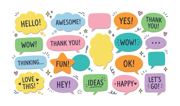Speech bubble icon set. Containing colorful chat and thought balloons. Vector illustration