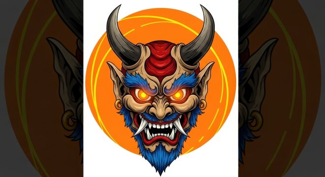 Colorful demon mask with horns and orange eyes on yellow background