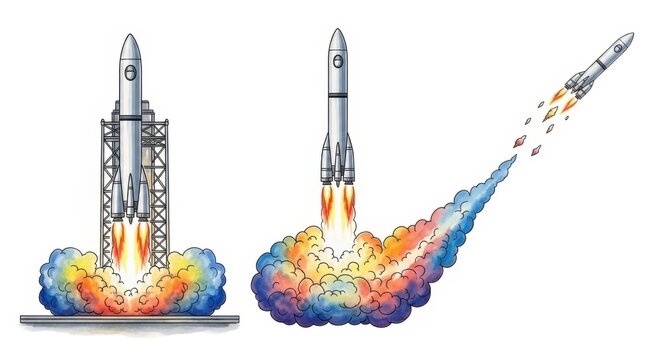 Rocket ship launching into space with colorful flames and smoke