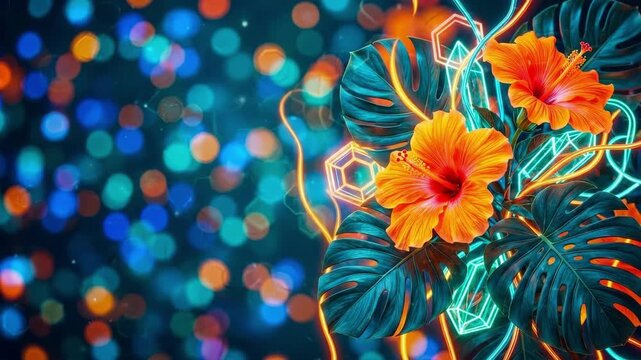 Vibrant hibiscus flowers and monstera leaves with neon geometric elements. Cyberpunk tropical flora design. Futuristic botanical illustration for digital graphics and modern decor