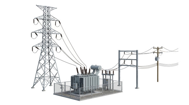 Electrical Substation with Transformers and Power Transmission Poles on Isolated White Background