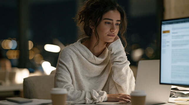 Lebanese journalist in a rain-drenched newsroom at midnight edits a breaking article with an AI writing assistant flagging suggested rewrites on a side panel, empty coffee cups
