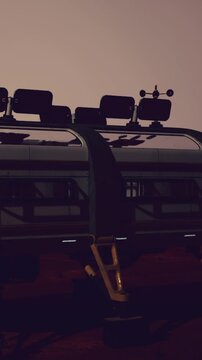 A rover sits on the Martian surface. Its equipment is ready for exploration. The sun rises in the background, casting light on the land. Dust and rock formations surround the rover.