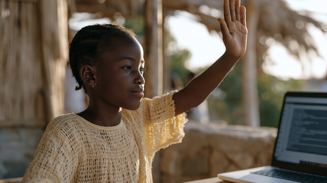 Ghanaian girl mid coding class with her hand raised urgently while her code runs for the first time on a screen beside her, rim backlighting from a studio window silhouettes her