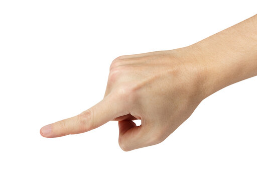 Male hand pointing left with extended index finger, isolated on transparent cutout background