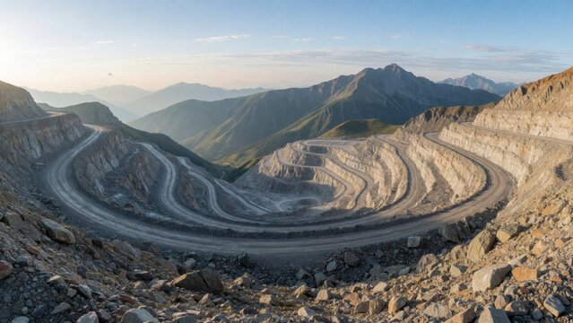 Winding road snaking mountainous landscape appears made concrete surrounded rocky terrain mountains background
