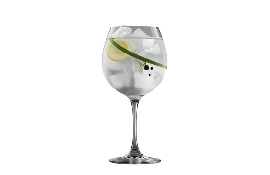 Gin and tonic cocktail in a copa glass with lemon, cucumber ribbon, ice, and peppercorns, refreshing transparent drink