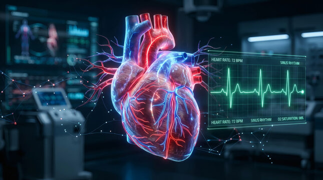 Holographic 3D Human Heart With ECG Monitor Display for Cardiology and Medical Technology