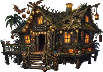 Obraz premium Hut displays spooky decorations for a tropical halloween party on the shoreline.
