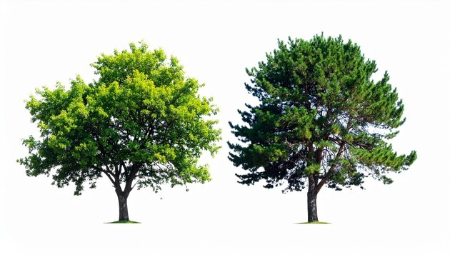 Two distinct trees side by side against a plain background, one broad deciduous with dense green foliage, the other conical evergreen with needle-like leaves, highlighting structural and botanical con