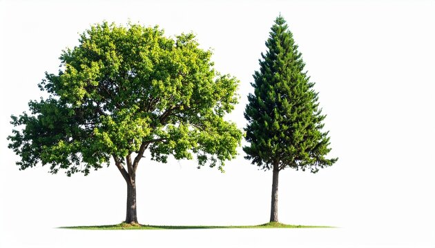 Two distinct trees side by side against a plain background, one broad deciduous with dense green foliage, the other conical evergreen with needle-like leaves, highlighting structural and botanical con