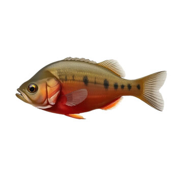 Colorful tropical fish with vibrant red-orange body and black spots on a white background