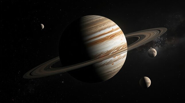 Jupiter with its iconic rings and moons in deep space