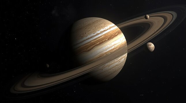 Jupiter with its iconic rings and moons in space