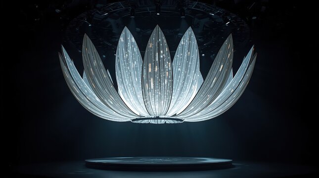 Elegant futuristic lotus light installation in dark studio setting
