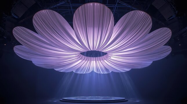 Vibrant purple illuminated floral art installation with radiant light beams from center