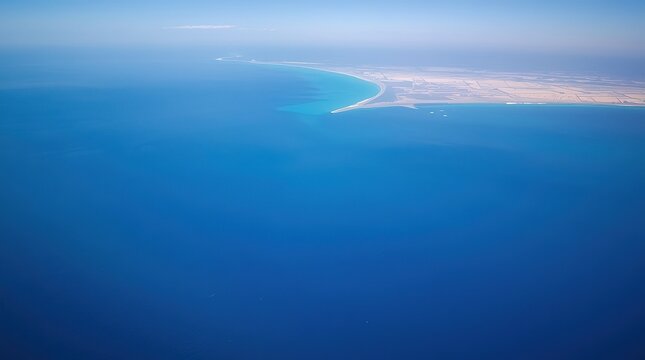 Aerial view of a coastal island with turquoise lagoon and extensive landmass surrounded by deep blue ocean