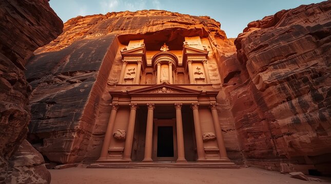 Grand ancient stone temple carved into rock with ornate columns and intricate carvings