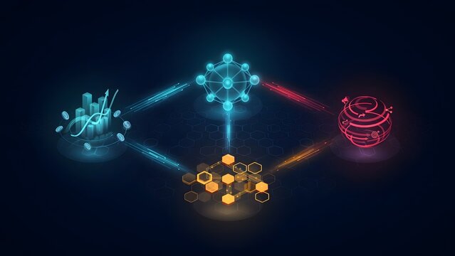 Smart business automation platform connecting finance, marketing and operations workflows, futuristic data visualization