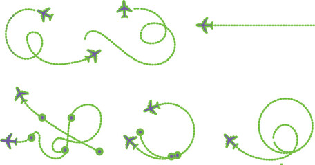 Airplanes follow green dotted lines that form complex navigation loops and trajectories. © mstaduri