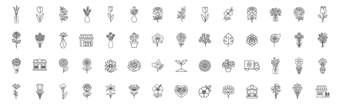 line art floral icons set with flowers leaves plants cactus vases bouquets flower shop and delivery truck on transparent background