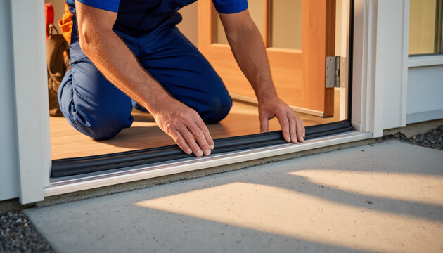 Professional carpenter or handyman in blue uniform installing rubber weather stripping seal at the bottom of a wooden front entrance door to improve home energy efficiency and insulation