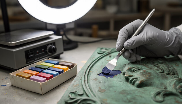 Close up of an art restorer hand in protective glove using a fine brush to carefully apply blue pigment onto an antique bronze face bas relief under a bright ring light