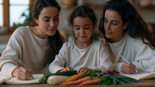 Lebanese girl arranging vegetables by size across a kitchen counter as part of a homeschool math lesson, her mother recording notes beside her, leading lines from the counter edge
