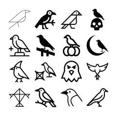 Fototapeta premium Set of black crows and ravens on white background featuring various artistic styles including line art and silhouette graphic vector design.
