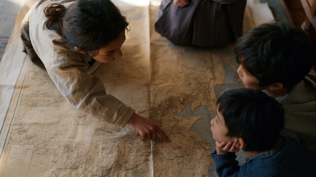 Tibetan homeschool afternoon with three siblings gathered around a large floor atlas, eldest pointing to a mountain region, youngest pressing his ear to the page as if listening,