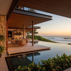 Fototapeta premium Modern luxury home exterior with infinity pool and ocean view at sunset