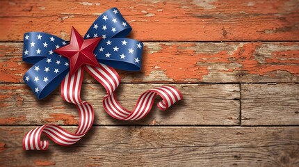 Obraz premium Decorative patriotic bow with stars and stripes pattern and a red metal star on a weathered orange wooden background