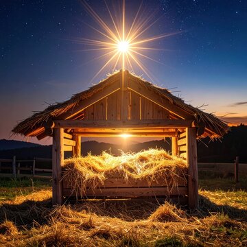 A wooden manger filled with hay sits under a starry night sky, illuminated by the bright Star of Bethlehem.