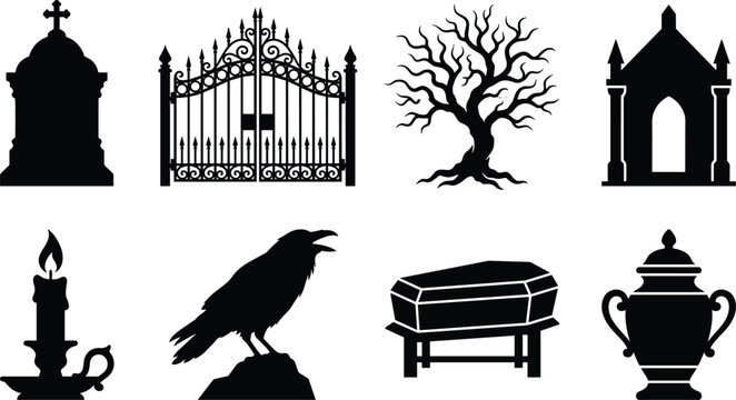 Cemetery and gothic halloween icon set containing tombstone, iron gates, dead tree, crypt, burning candle, raven, coffin, and funeral urn vector silhouettes