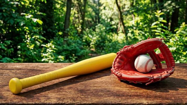 Yellow baseball bat and red glove holding white ball on wooden bench. Outdoor baseball equipment in forest setting. Sports gear for game preparation and recreation activity