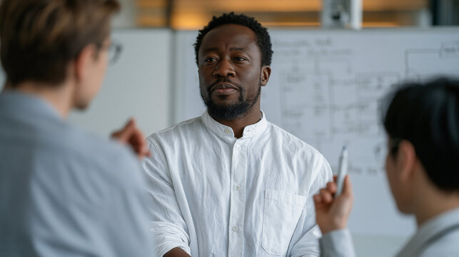 Ghanaian AI safety researcher presents a foundation model architecture diagram on a whiteboard to a small team of engineers in a university research lab, one member challenging a