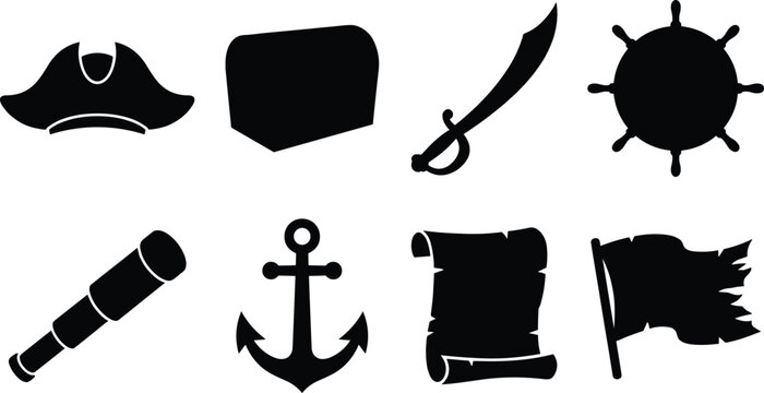 Pirate and nautical adventure icon set containing captain hat, treasure chest, cutlass sword, ship wheel, spyglass, anchor, scroll map, and tattered flag vector silhouettes