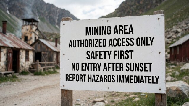 White sign black text reads mining area authorized access safety first entry after sunset report hazards immed