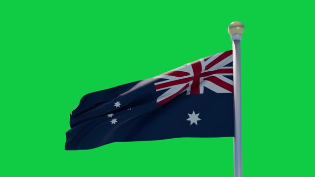 Australian flag catching gusts, billowing and folding to fly, showing wind on transparent backdrop