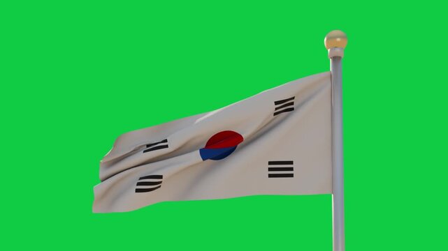 South Korean flag billowing on pole, gust causing S ripples across cloth on transparent background