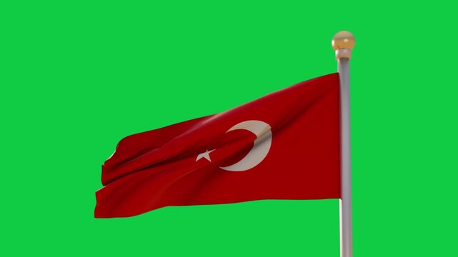 Red flag billowing after gust, crescent-star shifting, showing fabric flow on transparent backdrop
