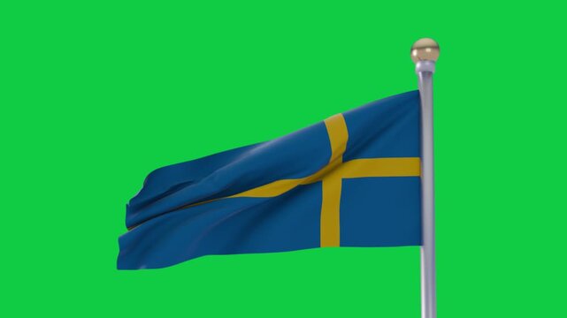 Swedish flag on pole waving from gusts, showing fabric folds and ripples, transparent background